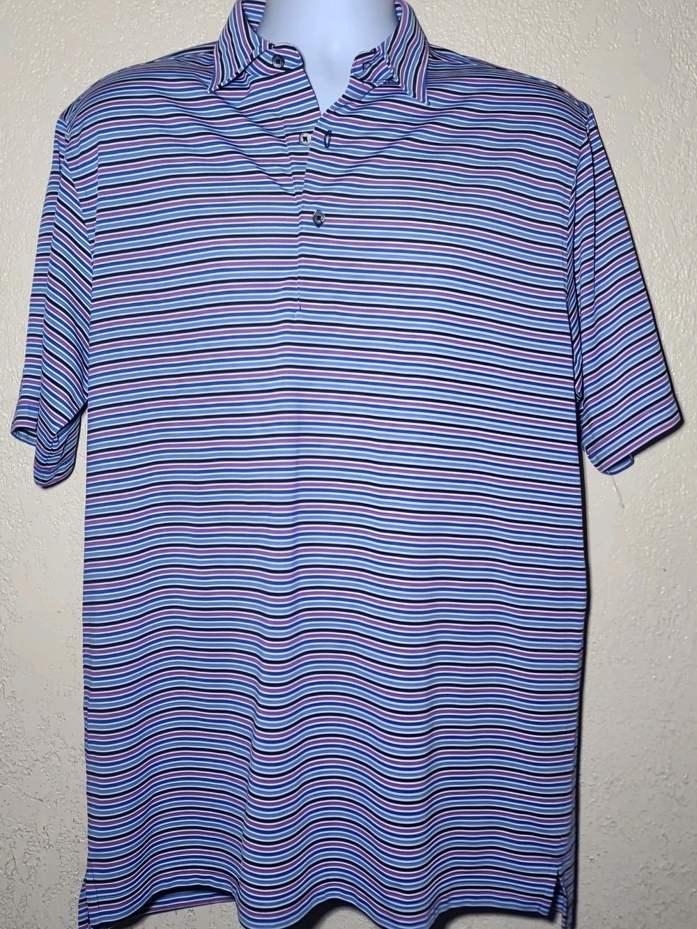 Donald Ross Men's Multi-Color Blue Bk Wht Purple Stripe Polo Golf Shirt  SIZE M
